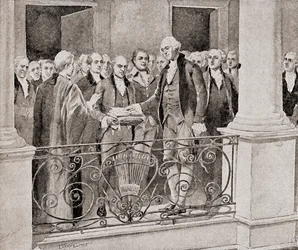 de eerste inauguratie van George Washington, 30 april 1789, uit De Geschiedenis van Ons Land, gepubliceerd 1905